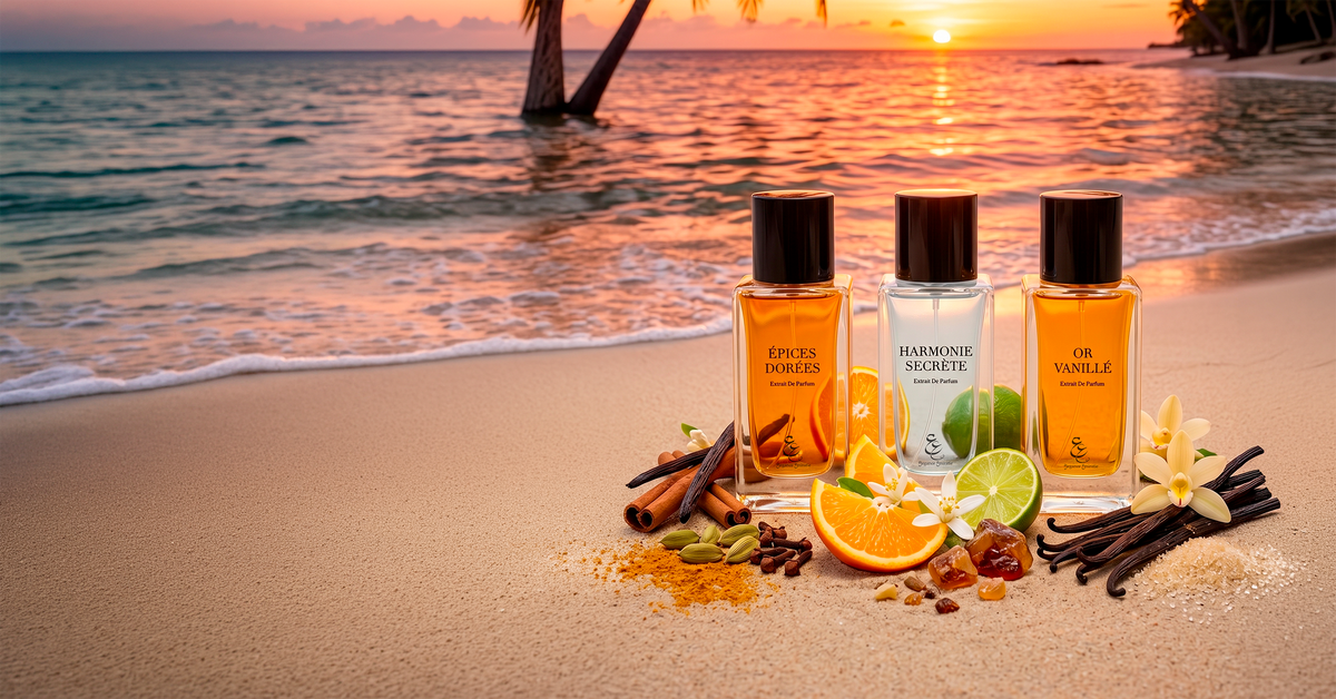 Trois extraits de parfum sur le sable au coucher du soleil